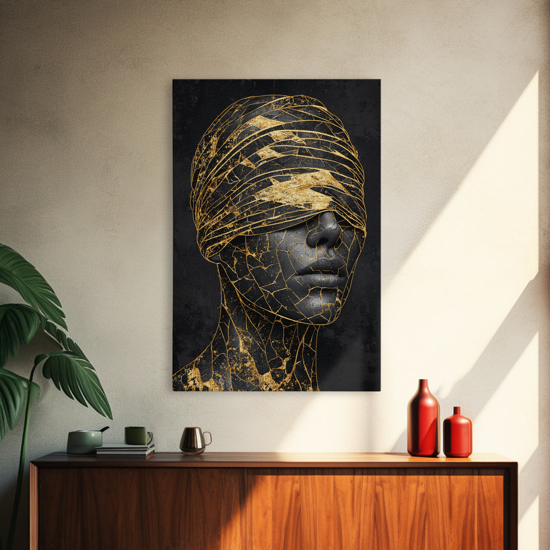 Blindfolded Gold Black Woman Canvas Print, African American Art, Feminine Afrocentric Portrait, Luxury Statement Home Decor