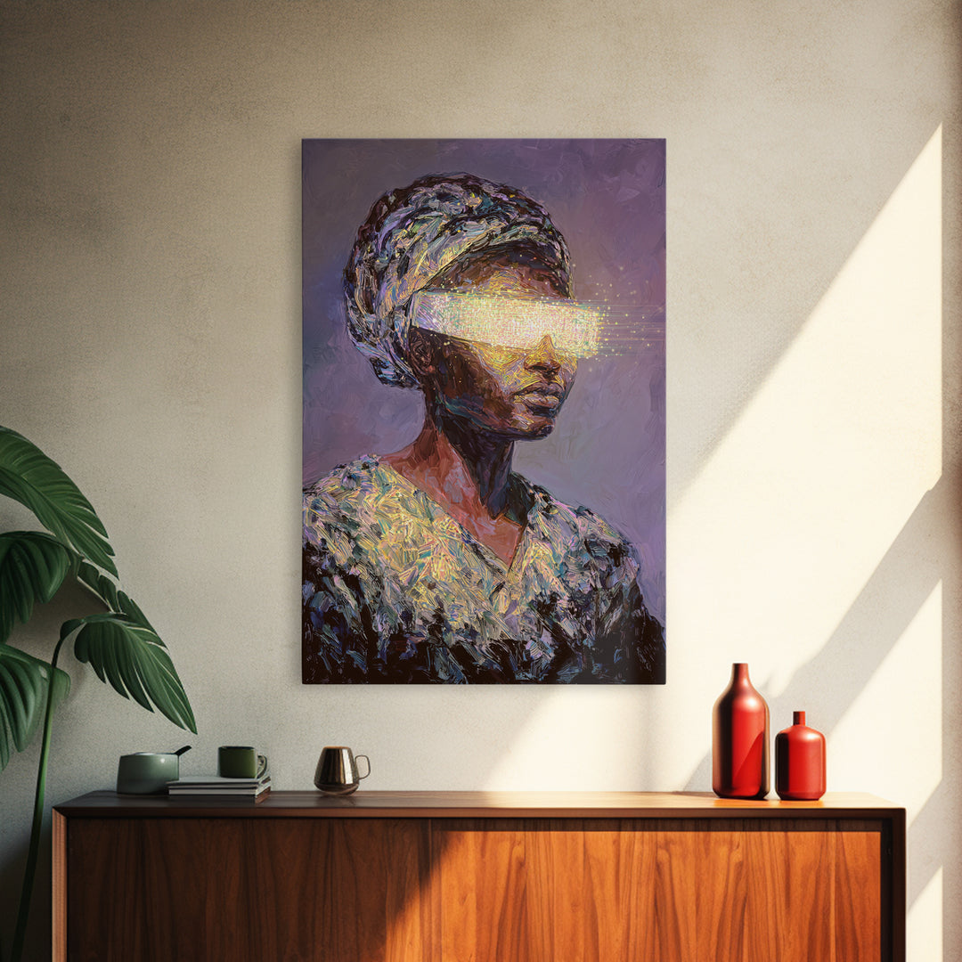 Visionary African Woman Canvas Print, Glowing Eye Light Portrait, Afrocentric Art, Spiritual Wall Decor, Female Power Gift