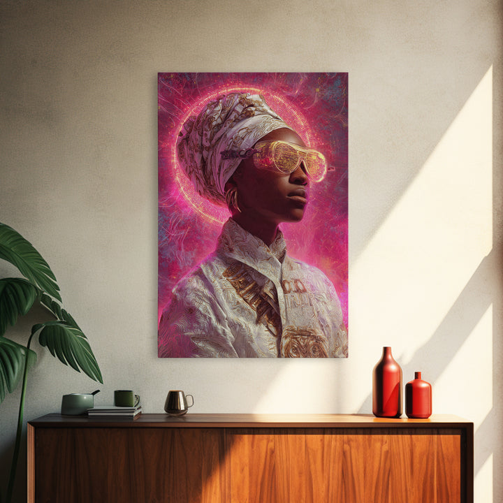 Neon Halo African Queen Wall Art, Sunglasses Headwrap Portrait, Afrofuturism Decor, Black Goddess Vibrant Pink Canvas Print