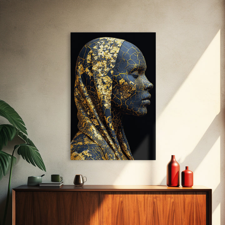 Gold Cracked African Woman Framed Canvas Print, Black Goddess Portrait, Luxury Afrocentric Wall Decor, Modern Statement Home Gift