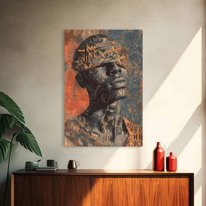 Blindfolded Black Woman Canvas Print, Abstract Typography Portrait, African American Art, Burnt Orange Afrocentric Decor