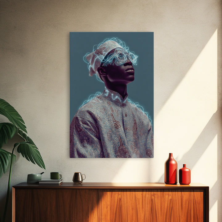 Afrofuturist Black Man Portrait With Neon Headwrap, Canvas Print, Modern African Art, Afrocentric Wall Decor, Black Culture Art