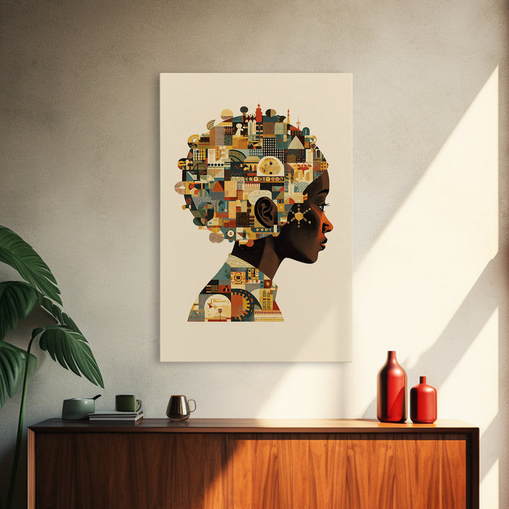 Profile Of African Woman With Architectural Afro, Wall Art, Geometric Portrait, Cultural Home Decor, Modern Afrocentric Art Print