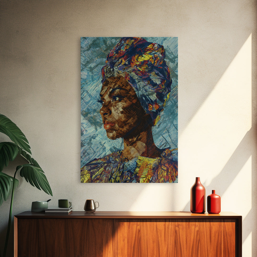 Textured African Woman Portrait In Blue Headwrap, Framed Canvas Print, Contemporary Black Art, Ethnic Wall Decor Gift For Her