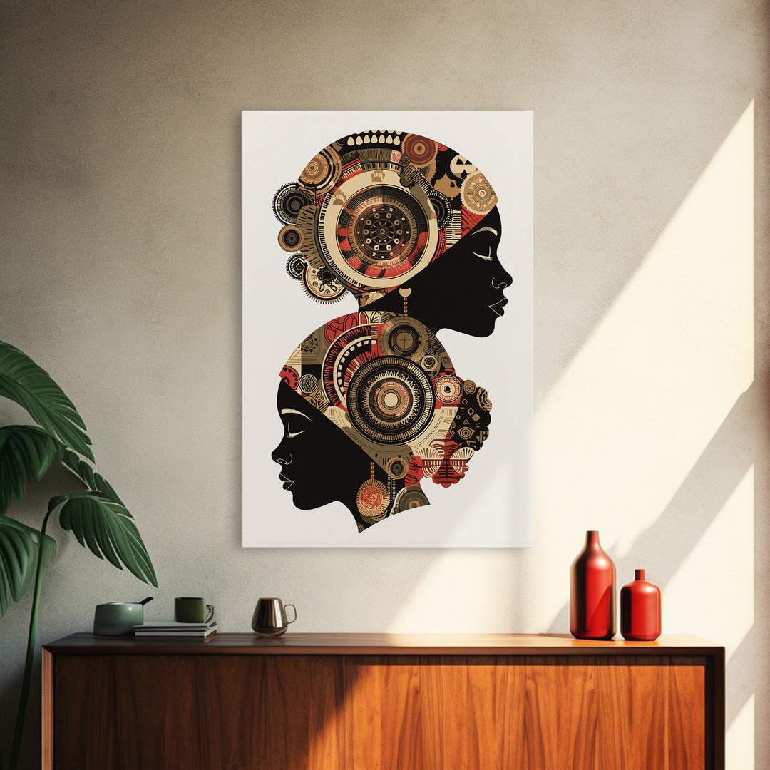 Two African Women Silhouettes With Tribal Circles, Canvas Print, Abstract African Art, Boho Wall Art, Cultural Decor Print