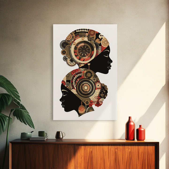 Two African Women Silhouettes With Tribal Circles, Canvas Print, Abstract African Art, Boho Wall Art, Cultural Decor Print