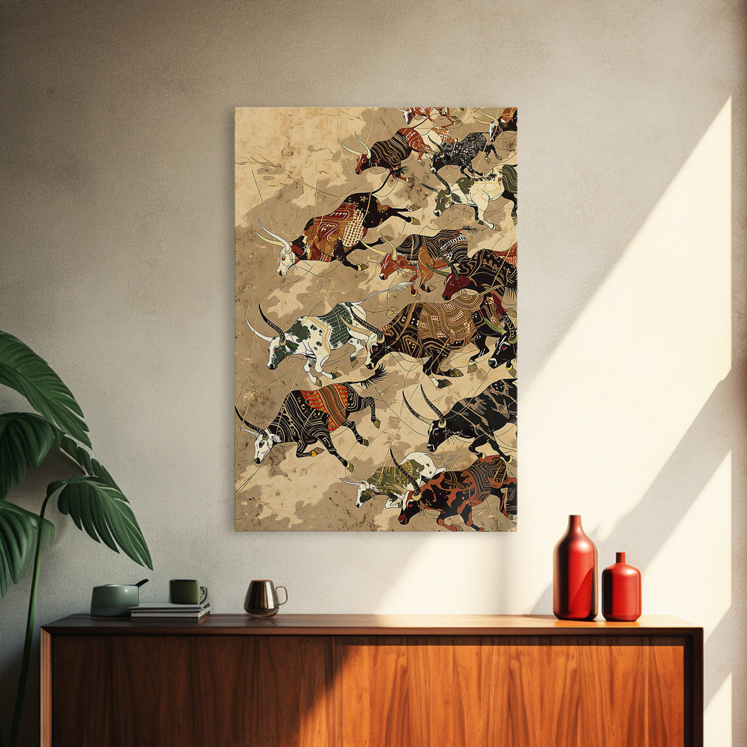 Running African Cattle With Tribal Patterns, Wall Art, Safari Animal Art Print, African Decor, Rustic Farmhouse Canvas Print
