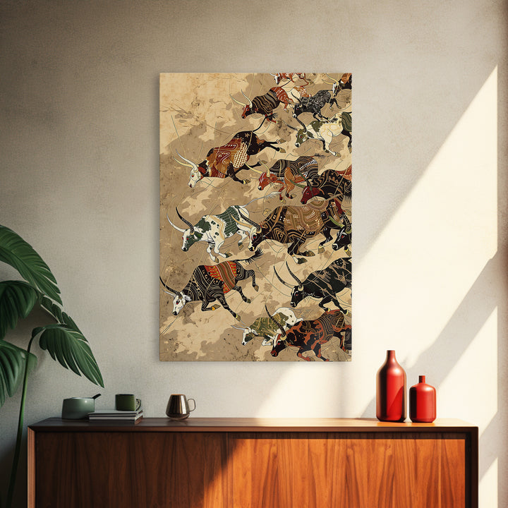 Running African Cattle With Tribal Patterns, Wall Art, Safari Animal Art Print, African Decor, Rustic Farmhouse Canvas Print