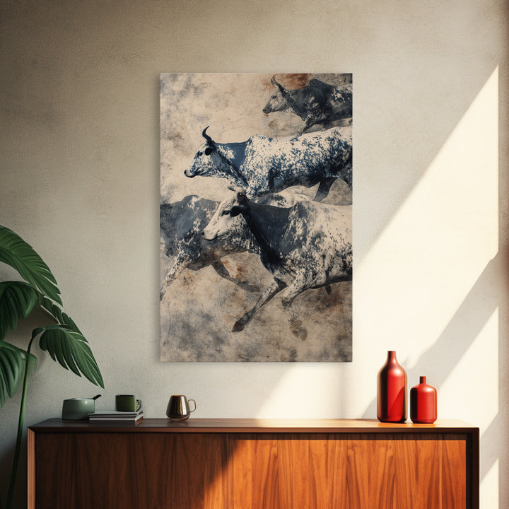 Charging Longhorn Cattle Herd In Sepia Dust, Canvas Print, African Safari Art, Rustic Wall Decor, Western Animal Painting