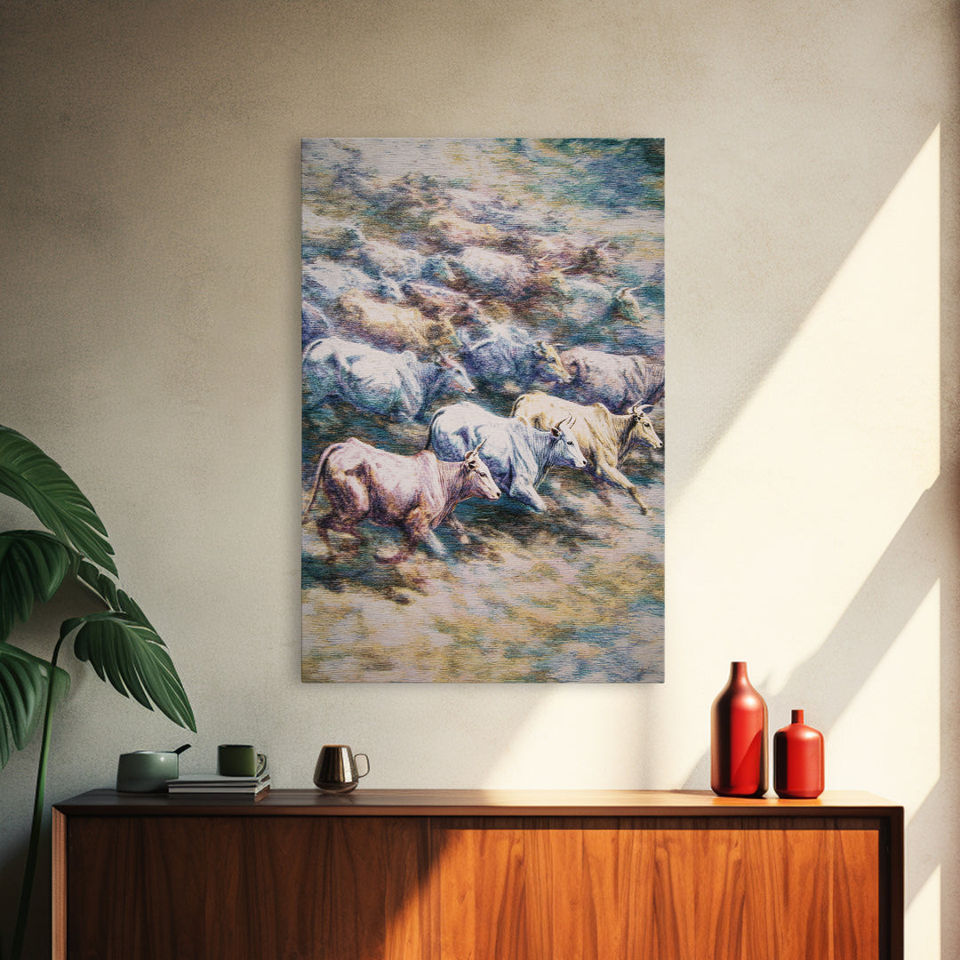 Colorful Running Cattle Herd Across Open Range, Wall Art, African Animal Art, Safari Decor, Textured Painting On Canvas Print