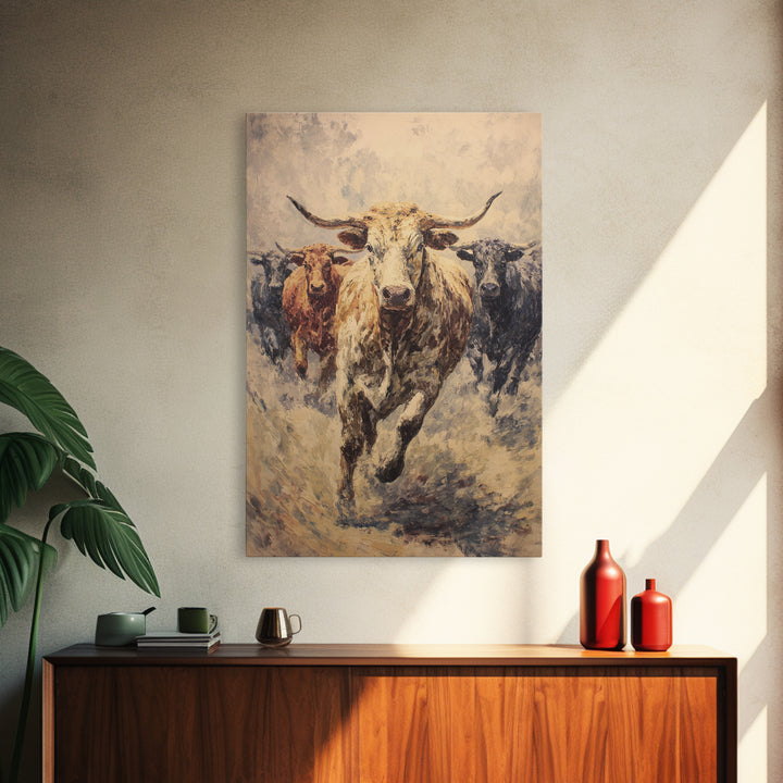 Powerful Longhorn Bull Herd Charging Forward, Framed Canvas Print, African Safari Wall Art, Rustic Animal Decor Gift For Him