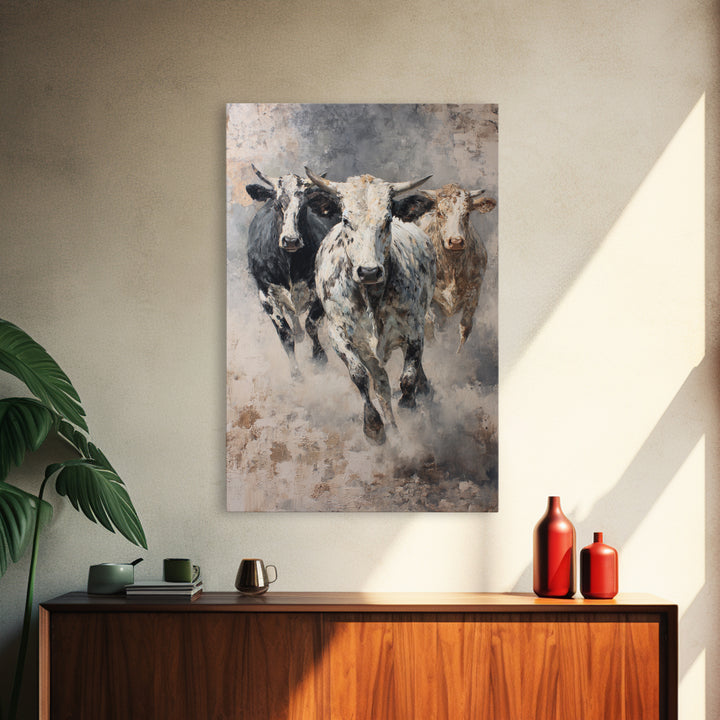 Charging Longhorn Cattle Framed Canvas Print, Western Animal Wall Art, Rustic Farmhouse Decor, Bold Living Room Painting