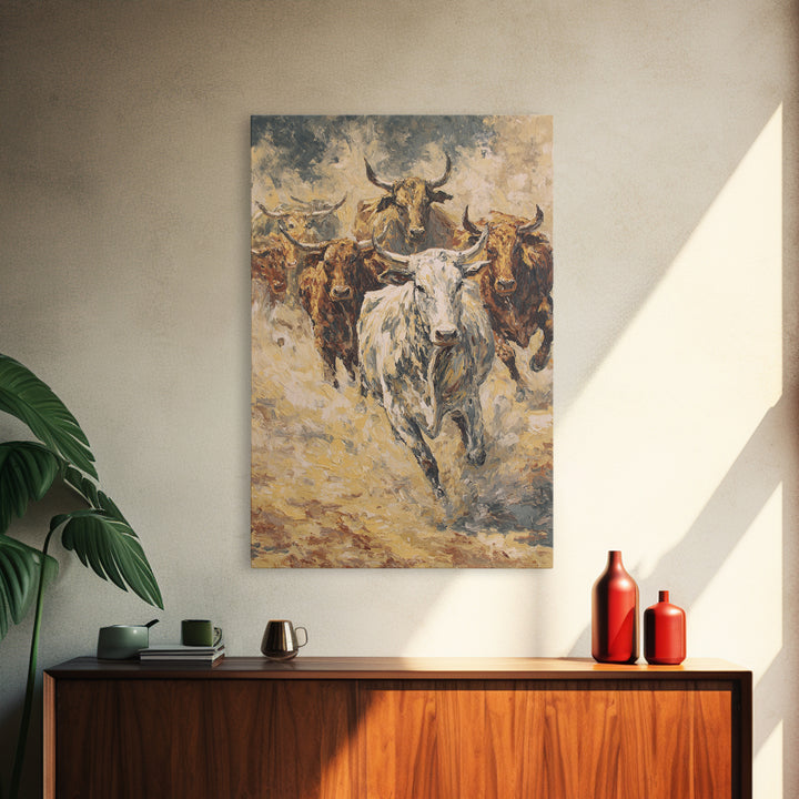 Textured Longhorn Herd Canvas Print, Western Bull Wall Art, Rustic Ranch Decor, Farmhouse Living Room Art, Earth Tone Painting