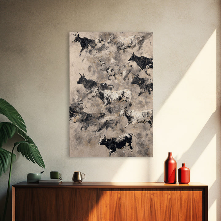 Monochrome Cattle Collage Wall Art, Abstract Animal Canvas Print, Rustic Neutral Decor, Black And White Art, Gallery Poster