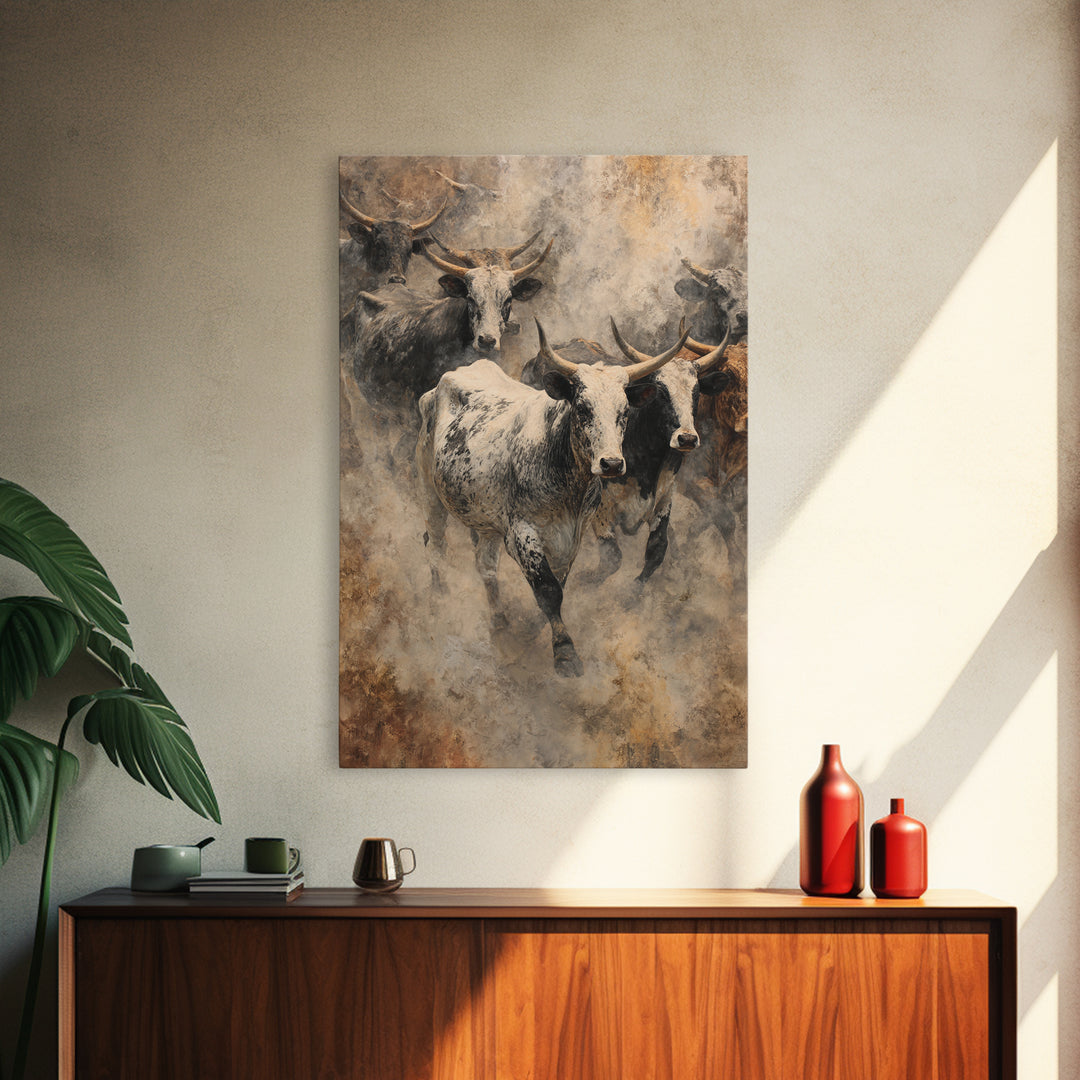 Dusty Longhorn Herd Framed Canvas Print, Western Bull Wall Art, Rustic Farmhouse Decor, Earth Tone Living Room Painting Gift
