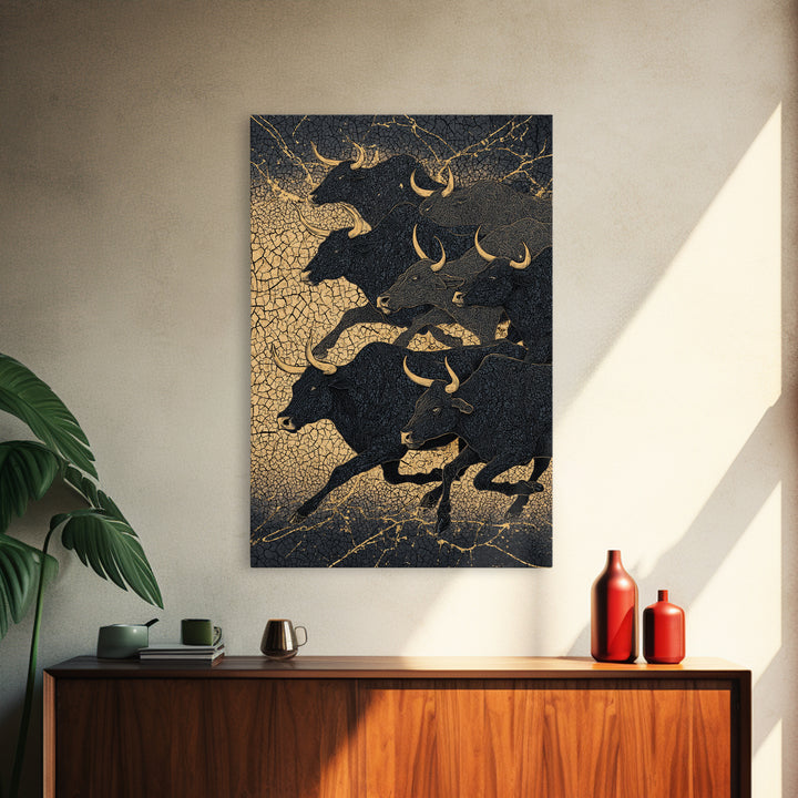 Black And Gold Bull Herd Canvas Print, Dramatic Animal Wall Art, Luxury Ranch Decor, Masculine Office Art, Statement Piece