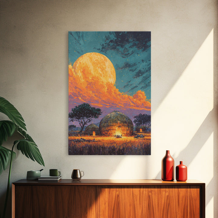 Full Moon African Hut Village Canvas Print, Serengeti Night Landscape, Safari Decor, African Inspired Wall Decor, Nature Scene Art