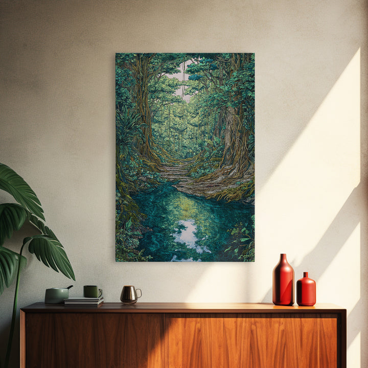 Rainforest River Path Framed Canvas Print, Ancient Jungle Roots, Green Nature Scene Art, Boho Wall Decor, Unique Home Decor