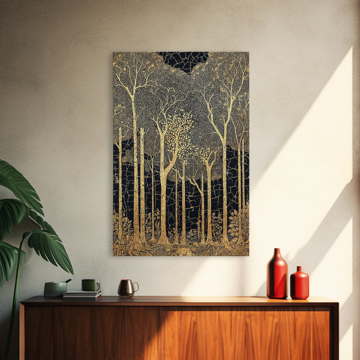 Black And Gold Forest Wall Art, Tall Tree Line Illustration, Abstract Nature Pattern, Elegant Home Decor, Luxury Art Print