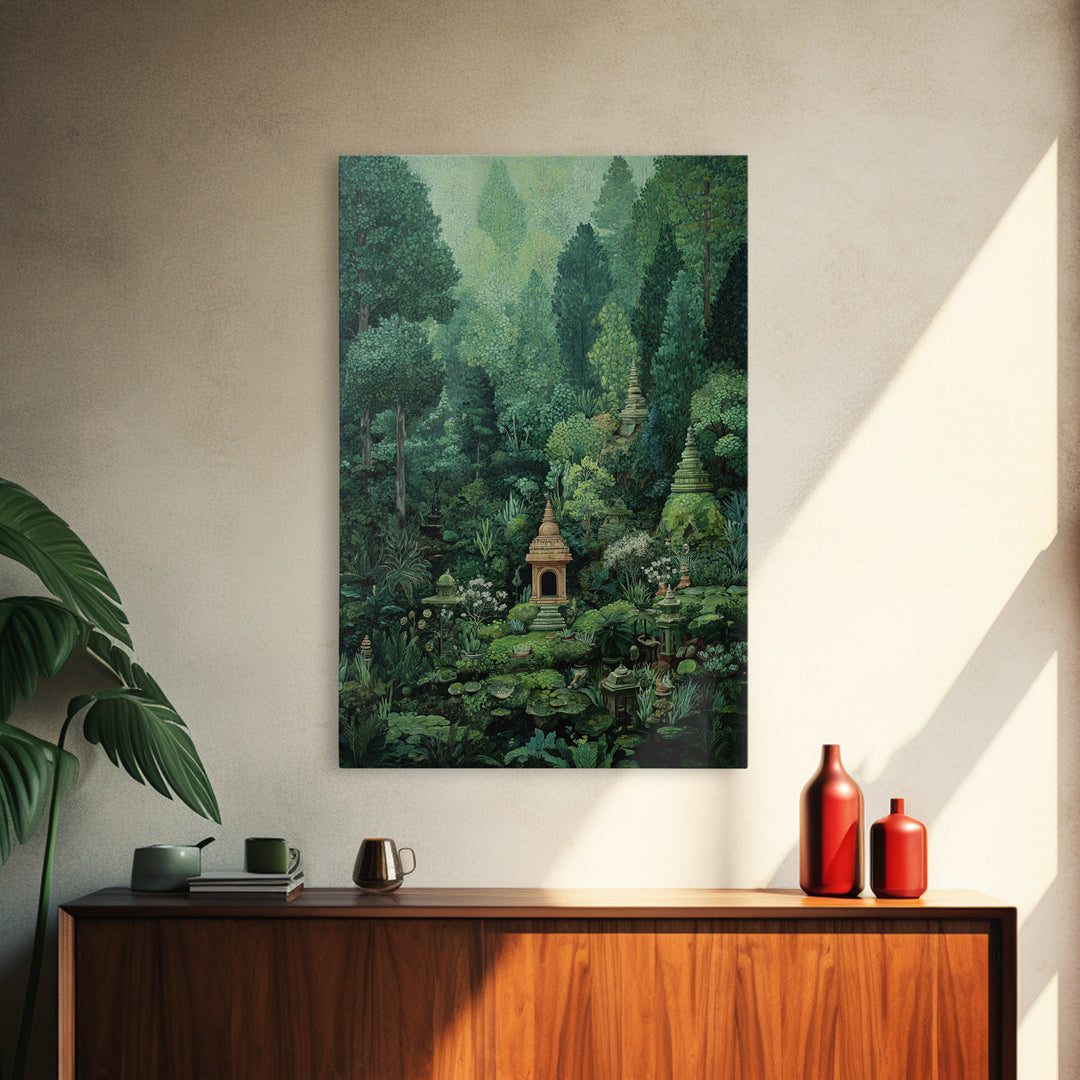 Secret Jungle Temple Garden Canvas Print, Lush Green Botanical Landscape, Spiritual Wall Art, Bohemian Decor Art, Living Room Decor