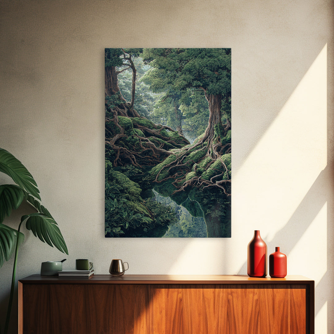 Ancient Forest Roots Wall Art, Mossy Green River Gorge, Mystical Nature Scene Art, Statement Wall Decor, Unique Canvas Print