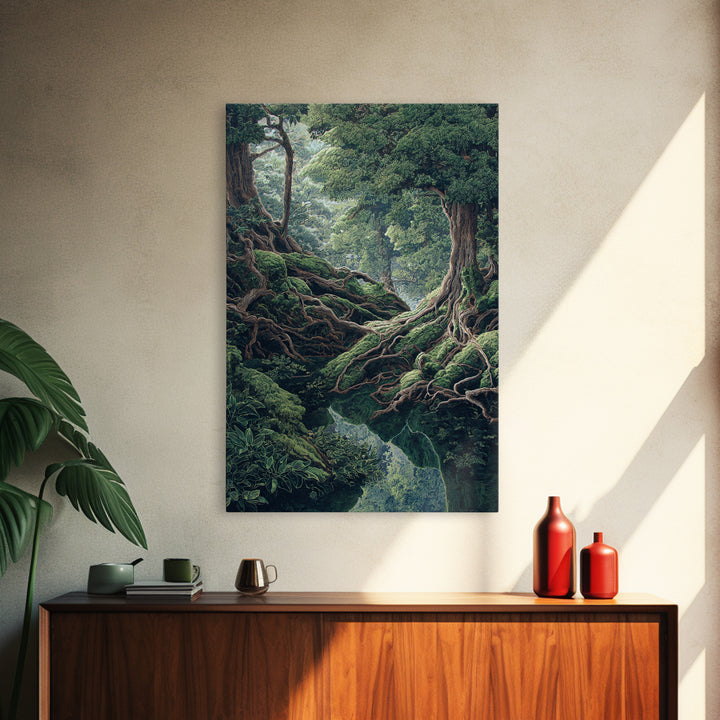 Ancient Forest Roots Wall Art, Mossy Green River Gorge, Mystical Nature Scene Art, Statement Wall Decor, Unique Canvas Print