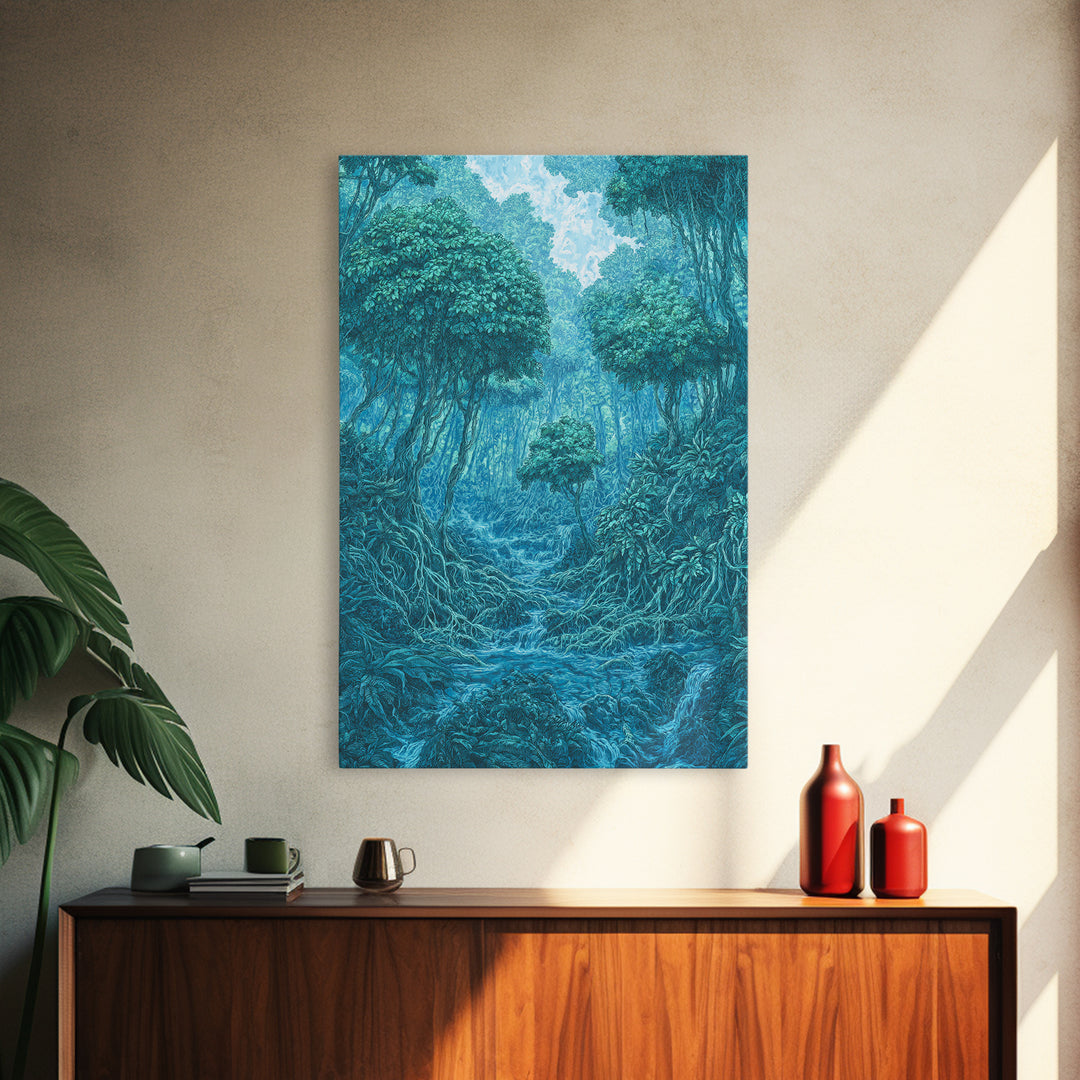 Blue Mystical Rainforest Stream Framed Canvas Print, Dreamy Jungle Wall Art, Teal Nature Scene, Spiritual Wall Decor Gift
