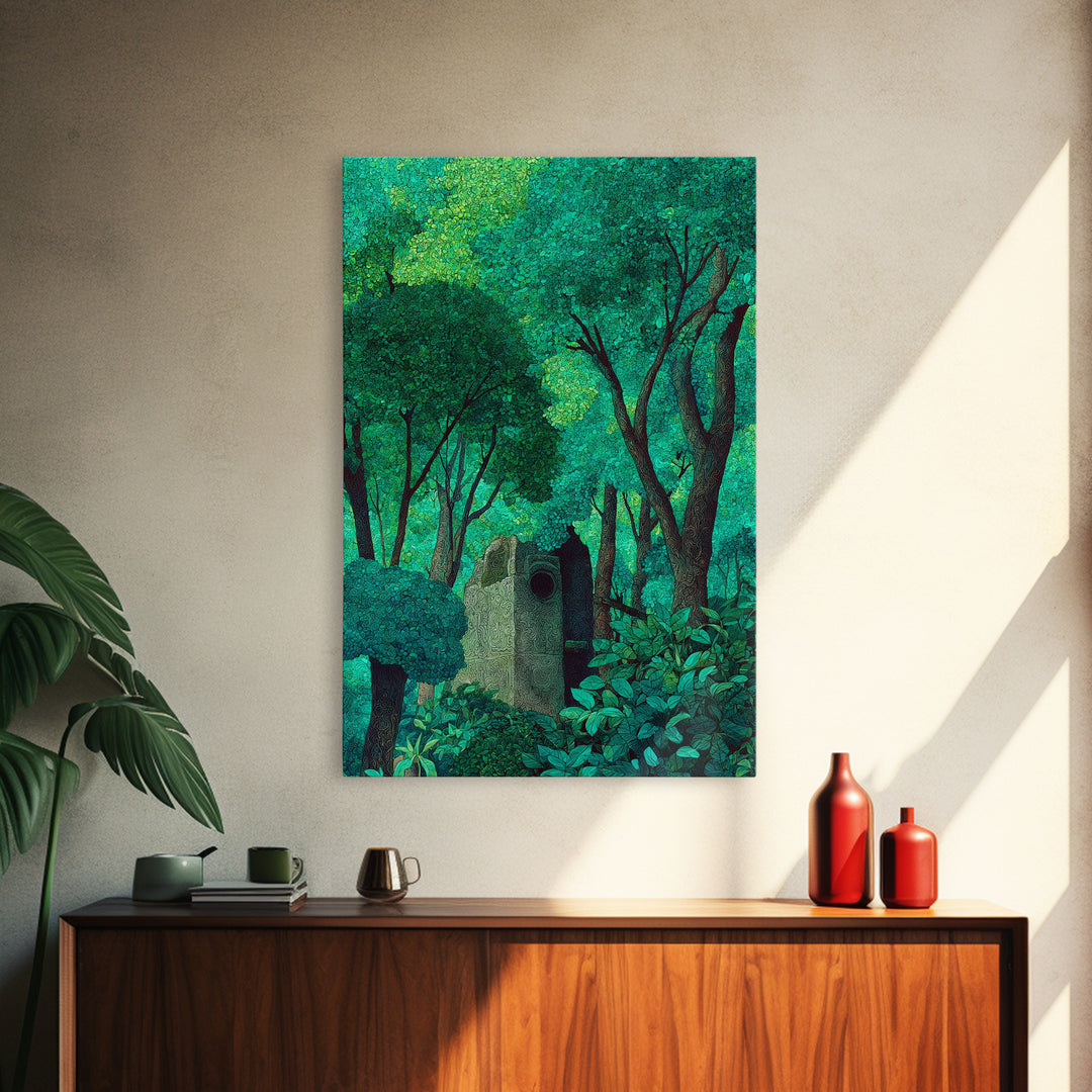 Emerald Forest Shrine With Ancient Stone Door Wall Art, Mystical Jungle Decor, Nature Scene Art, Teal Green Home Decor Gift