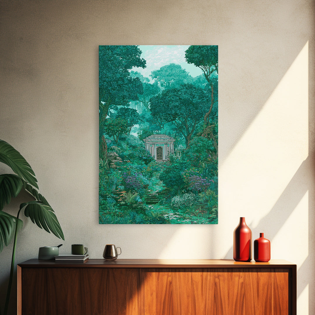 Hidden Garden Temple Path Canvas Print, Emerald Forest Landscape, Dreamy Nature Wall Decor, Botanical Living Room Art Gift