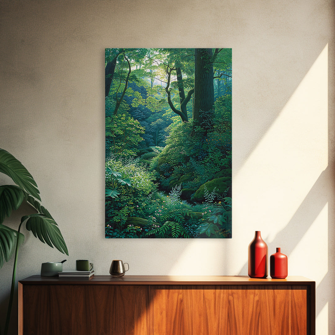 Sunlit Woodland Glade With Ferns Wall Art, Green Nature Scene Art, Dreamy Forest Decor, Botanical Bedroom Wall Decor Gift