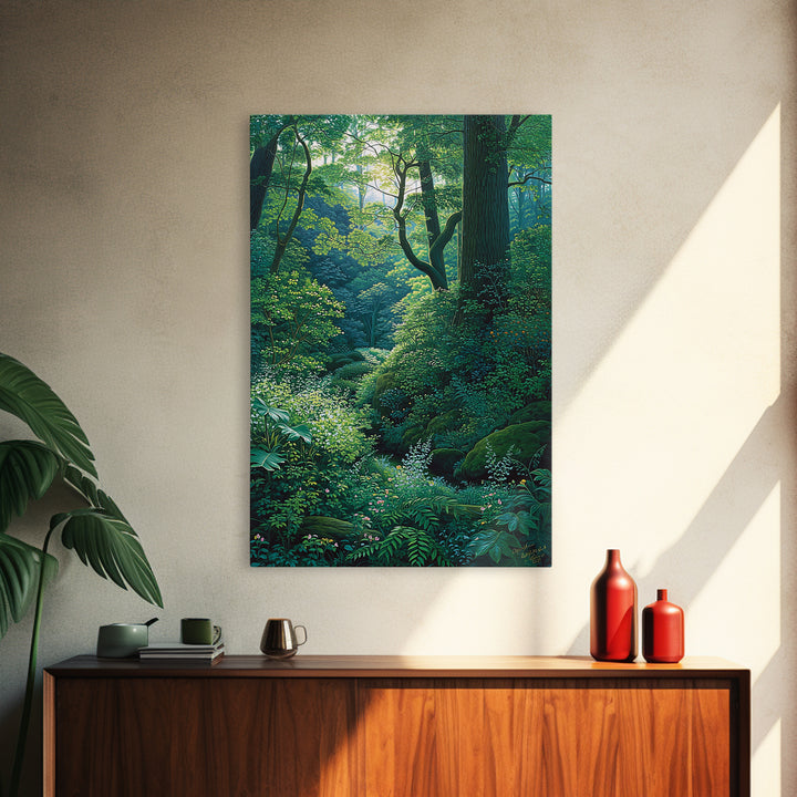 Sunlit Woodland Glade With Ferns Wall Art, Green Nature Scene Art, Dreamy Forest Decor, Botanical Bedroom Wall Decor Gift