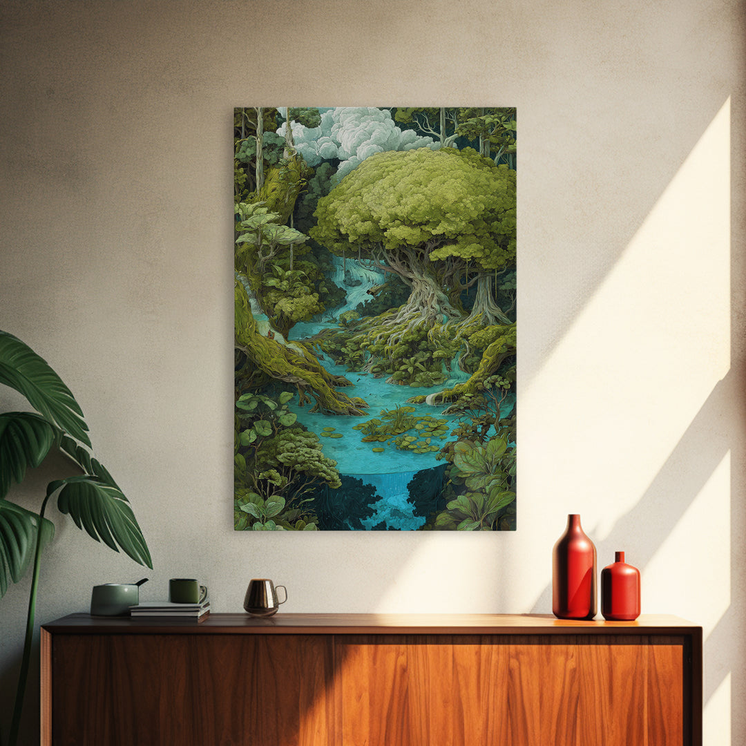 Ancient Banyan Over Turquoise River Painting Canvas Print, Fantasy Jungle Decor, Green Nature Wall Art, Unique Home Decor Gift