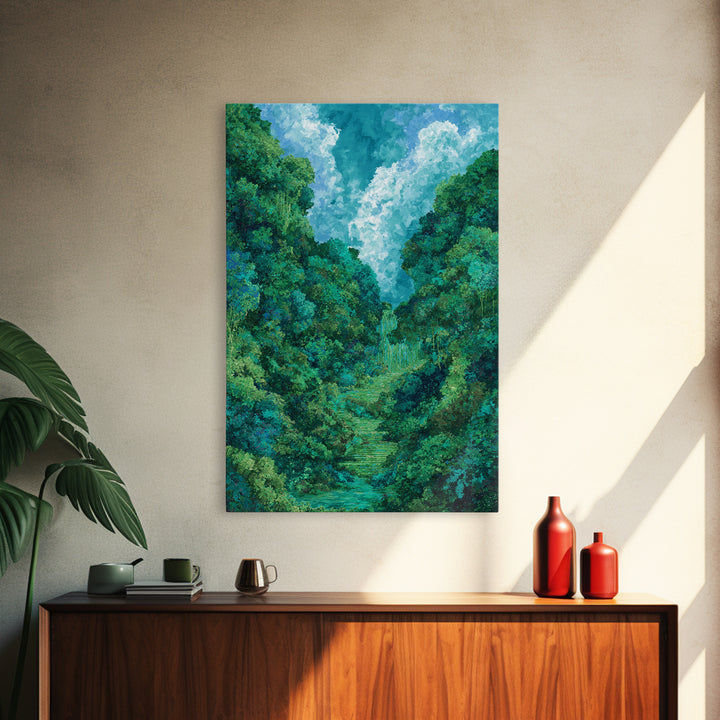 Turquoise Rainforest Valley With Waterfall Canvas Print, Lush Green Landscape, Nature Scene Art, Modern Wall Decor Art Gift