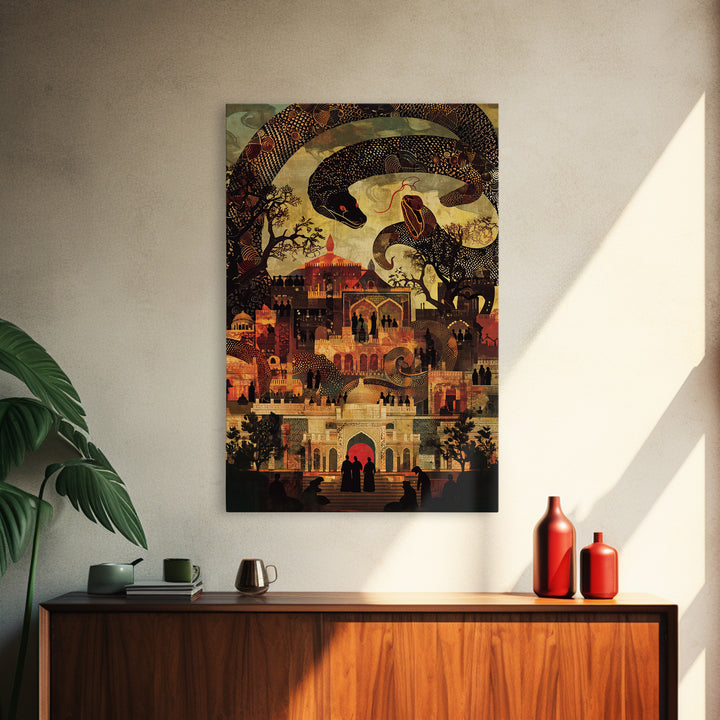 Enchanted Palace With Giant Serpent Wall Art, Mystical Travel Decor, Indian Decor, Fantasy City Canvas Style Art Print Gift