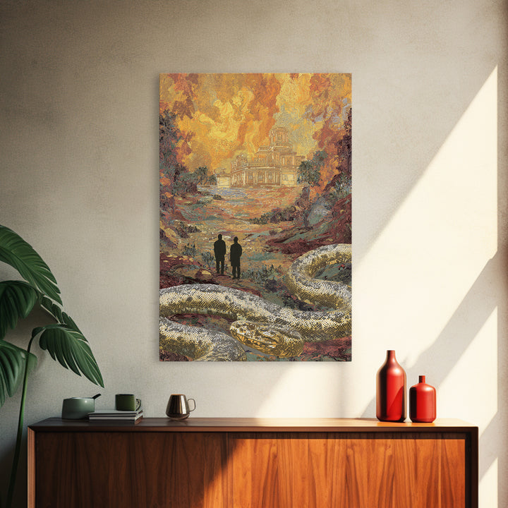 Golden Ruins With Giant Serpent Canvas Print, Surreal Fantasy Landscape Wall Art, Burnt Orange Art, Statement Home Decor Gift