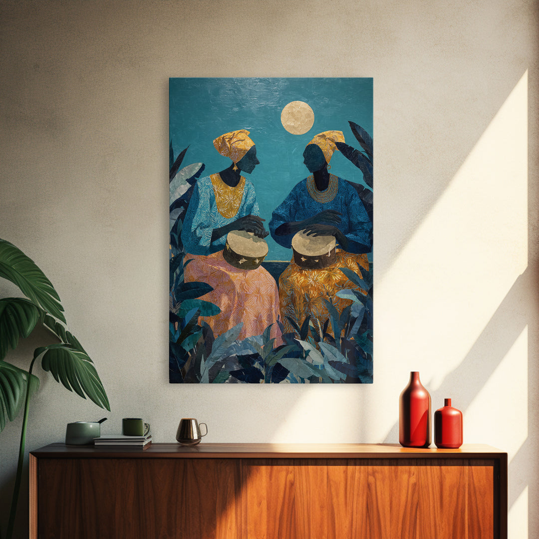 Two African Women Drumming Under Moon Wall Art, Afrocentric Canvas Print, Teal Jungle Decor, Cultural Home Decor Gift For Living Room