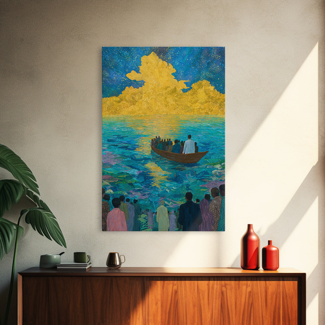 Boat Crossing Turquoise Water To Golden Clouds Wall Art, African Landscape Canvas Print, Spiritual Travel Decor Gift For Home