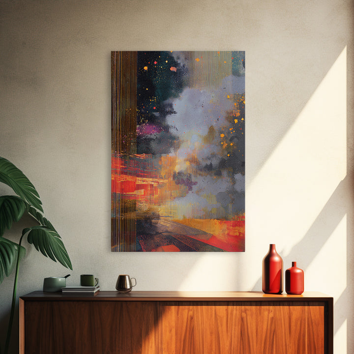 Abstract Gold Rain City Cosmos Wall Art, Modern African Inspired Canvas Print, Bold Red Orange Office Decor For Living Room