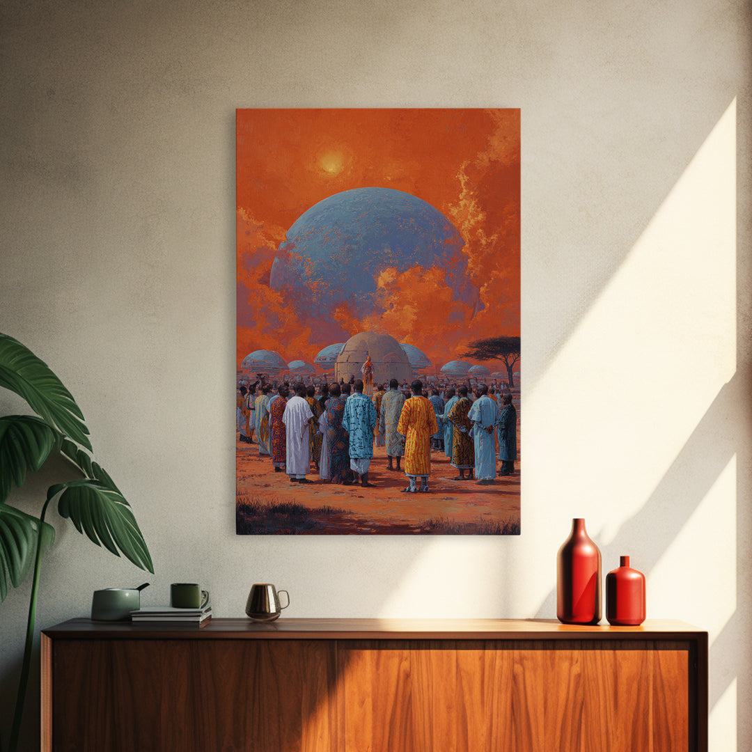 Afrofuturist Gathering Beneath Blue Planet Wall Art, African Culture Canvas Print, Orange Sky Village Home Decor Gift For Her