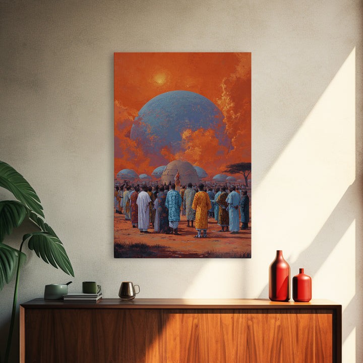 Afrofuturist Gathering Beneath Blue Planet Wall Art, African Culture Canvas Print, Orange Sky Village Home Decor Gift For Her