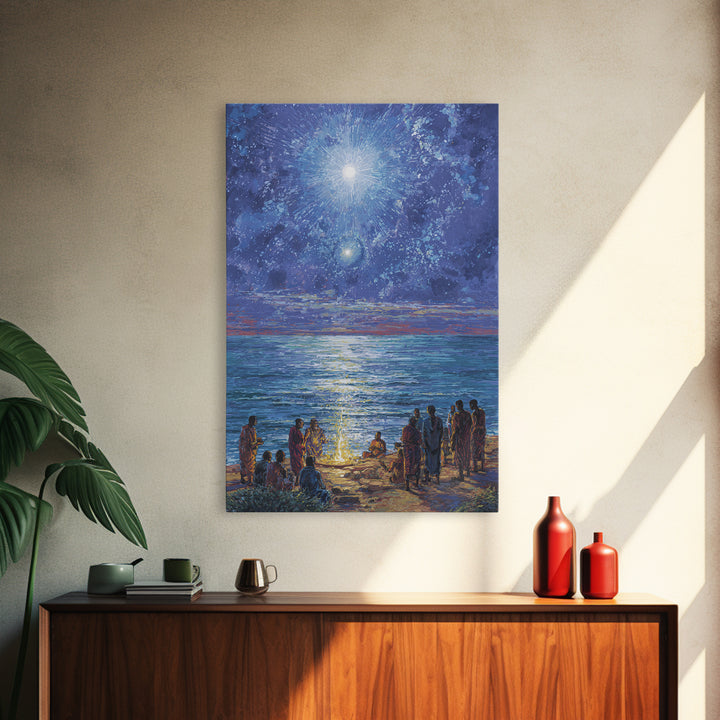 Moonlit Ocean Gathering At Shore Wall Art, African People Canvas Print, Blue Spiritual Nature Scene Decor For Living Room
