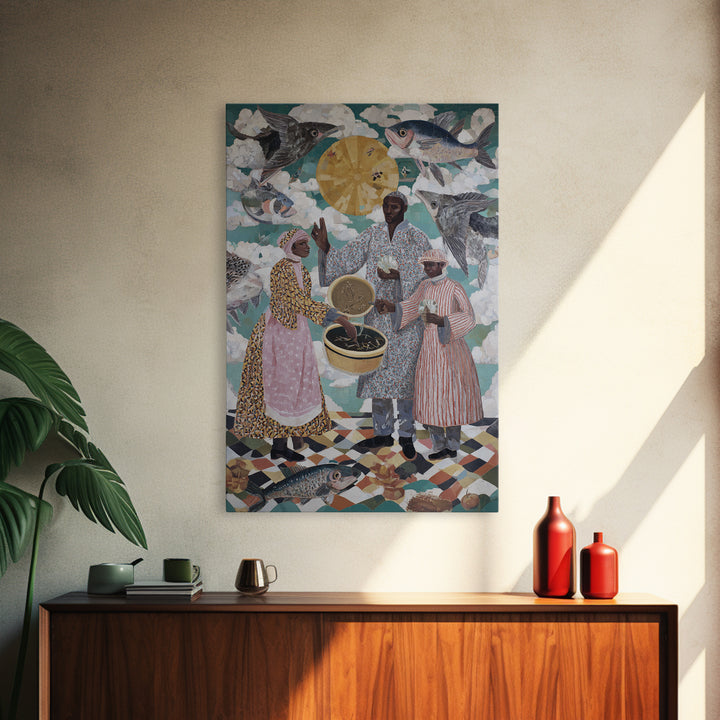 Surreal Fish Sky Ceremony With Family Wall Art, African Culture Canvas Print, Whimsical Kitchen Decor And Unique Gift For Home