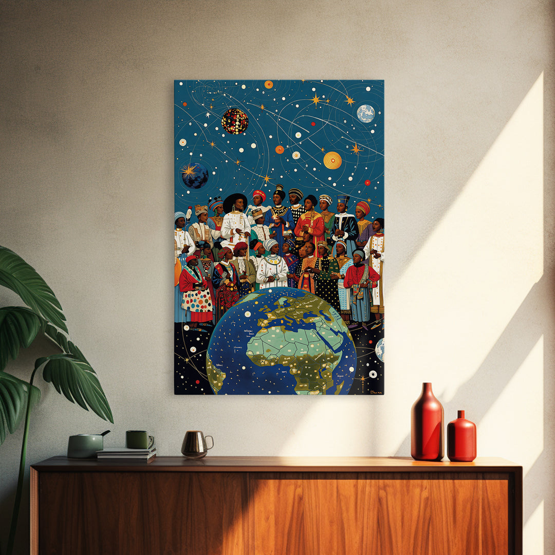 African Diaspora Under Celestial Orbits Wall Art, Afrocentric Canvas Print, Black Culture Artwork And Earth Map Decor Gift