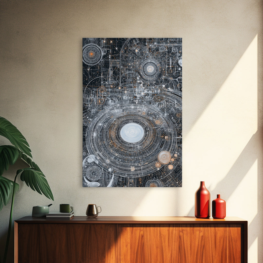 Futuristic Cosmic Circuit Mandala Canvas Print, Abstract Wall Art, Modern Office Decor, Geometric Sci Fi Galaxy Blueprint Digital Art