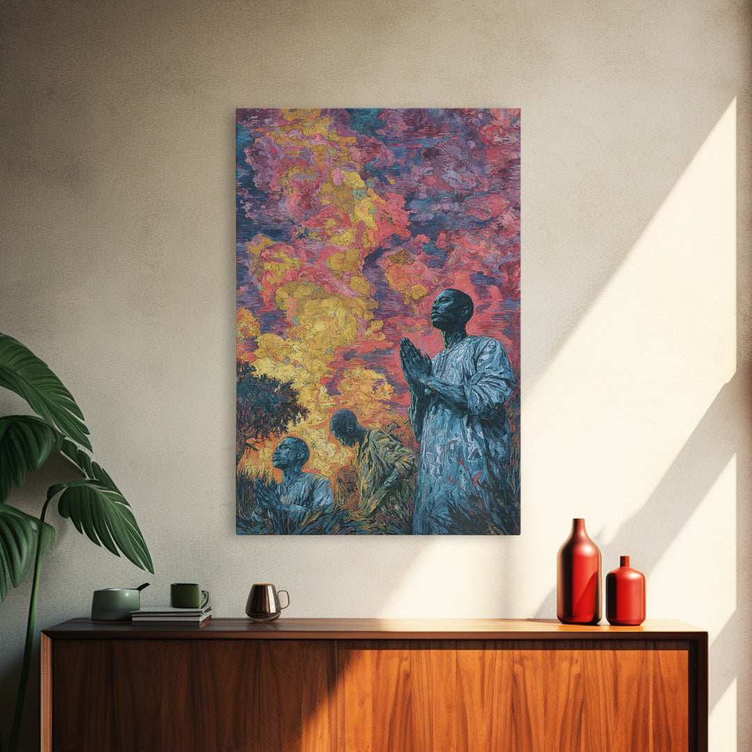 Praying African Men Beneath Fiery Sky Framed Canvas Print, Spiritual Wall Art, Black Culture Art, Meaningful Home Decor Gift