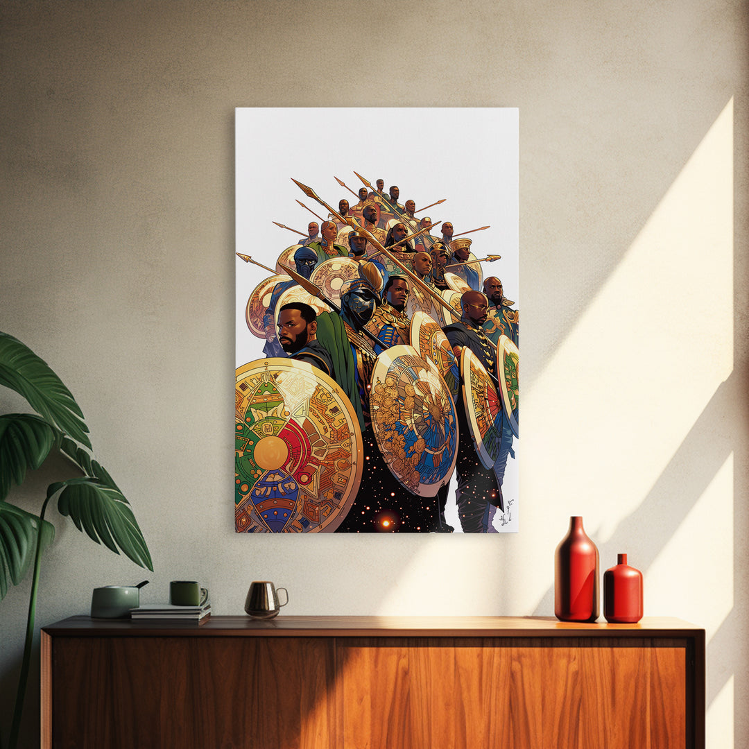 Regal African Warriors With Shields And Spears Canvas Print, African Warrior Art, Tribal Queen Art, Bold Cultural Wall Decor