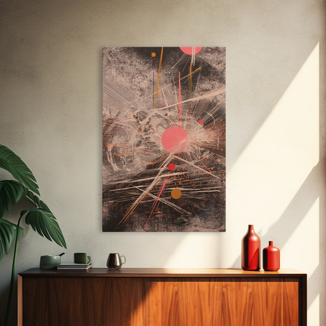 Coral Circles And Fine Lines Abstract Canvas Print, Geometric Wall Art, Modern Office Decor, Minimalist Black Art Gift For Her