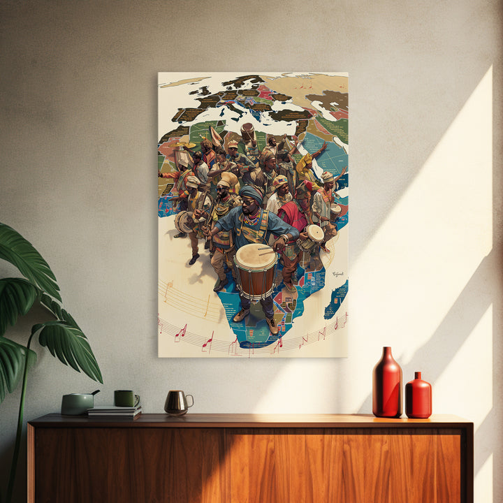 African Musicians Over Motherland Map Framed Canvas Print, African Culture Art, Afrocentric Wall Art, Vibrant Home Decor