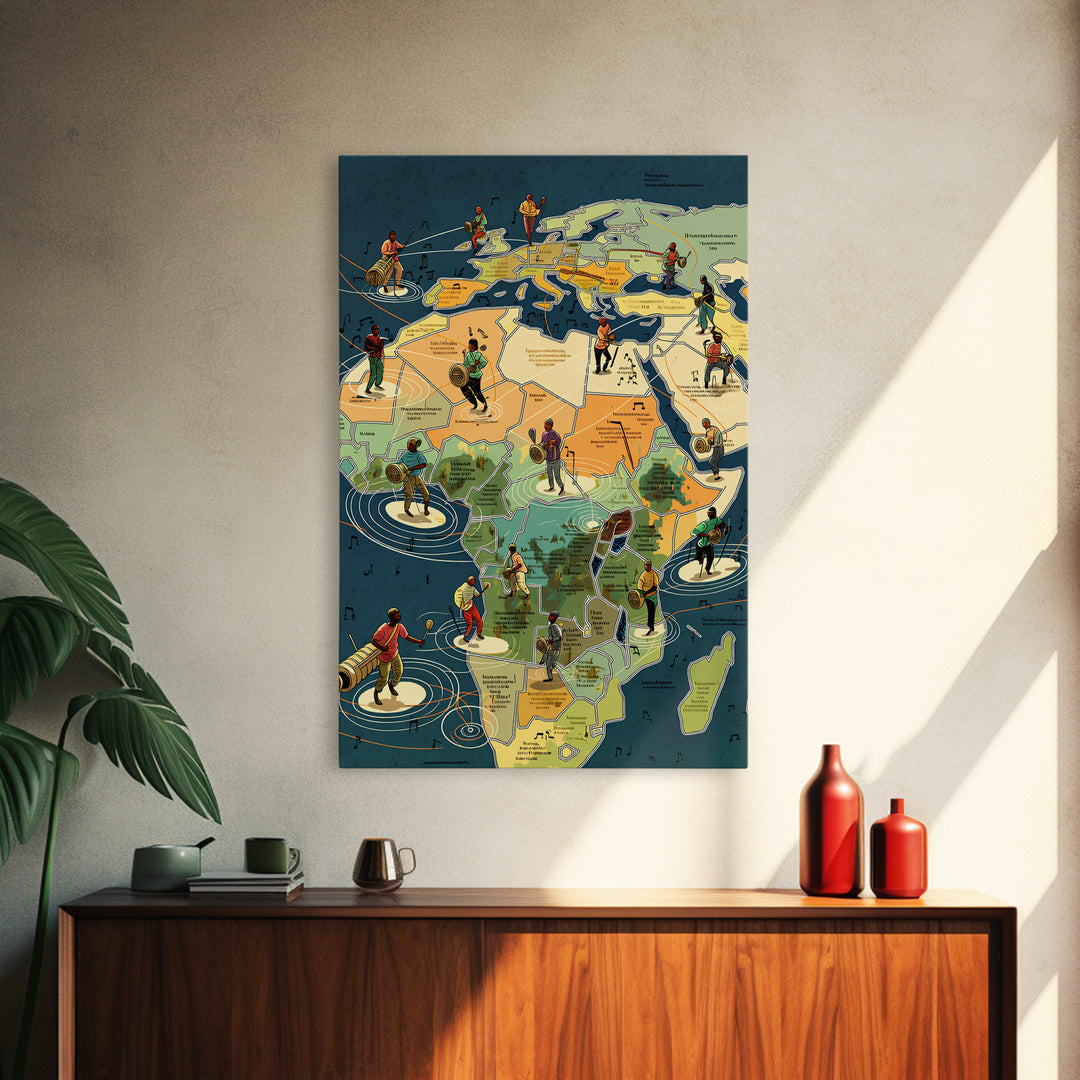 Illustrated Africa Map With Musicians And Dancers Wall Art, African Travel Decor, Cultural Wall Art, Afrocentric Poster Gift