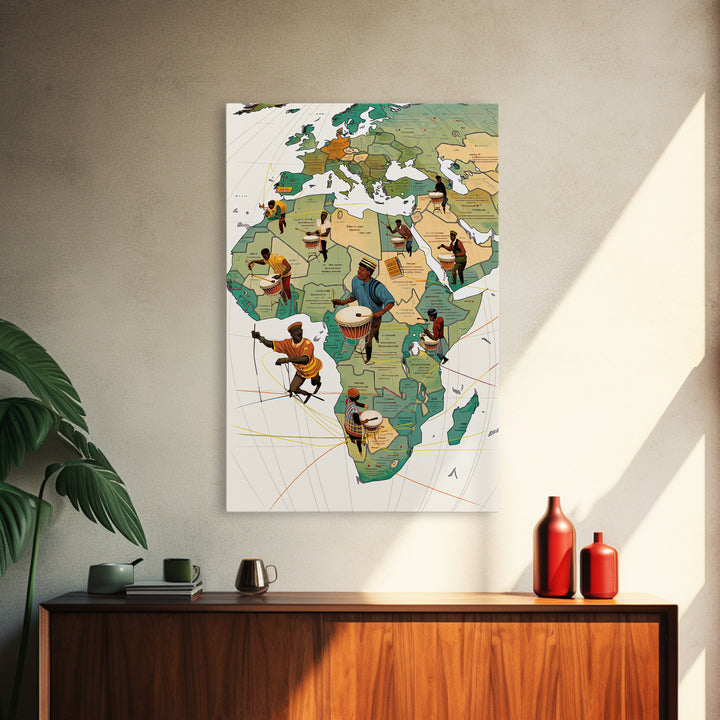 Drummers Across Africa And Europe Map Canvas Print, African Art Prints, Cultural Home Decor, Music Inspired Wall Decor Gift
